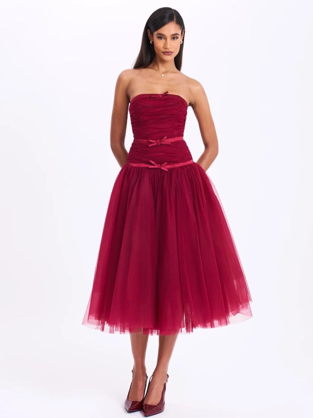 MISS CIRCLE Mabel Burgundy Drop Waist Layered Mesh Midi Puffy Dress with Bow